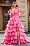 Princesa A-Line V-Neck Fuchsia vestido de baile de formatura com fenda