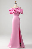 Sereia sem alças vestido de baile rosa com babados