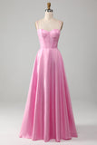 A-Line Espaghetti Correias Rosa Vestido de Baile com Espartilho