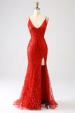 Glitter Sereia Vermelha Sereia Long Sequins Prom Dress com Fenda