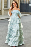 A Line Square Neck Light Blue Tiered Vestido Floral Long Prom com Folhos