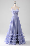 Alças Esparguete Lavanda Uma Linha Folhos Vestido de Baile com Fenda