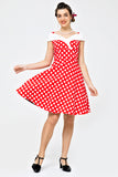 Fora do ombro vestido branco vermelho pontos