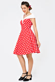 Fora do ombro vestido branco vermelho pontos