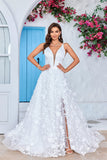 Lindo A Line V-Neck Marfim Vestido de Noiva Longo com Flores 3D