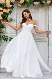 Elegante A Line Fora do Ombro Marfim Vestido de Noiva