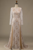 Champagne mangas compridas renda varrer trem vestido de noiva