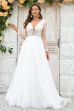 Deep V-Neck Marfim Tule Varredura Trem Vestido de Noiva com Renda