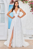 Beleza Uma Linha V-Neck Ivory Renda Vestido de Noiva Longo com Fenda