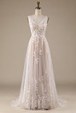 Champagne V-Neck Backless Tule Vestido de Noiva com Renda