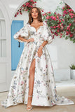 Marfim Floral Cetim Capela Trem Vestido de Noiva