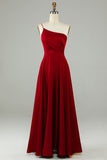 A-Line Um Ombro Borgonha Vestido Longo Madrinha com Folhos