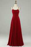 A-Line Espaghetti Correias Borgonha Vestido Longo Madrinha