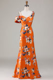 Sereia Estampado Flor Laranja Vestido de Dama de Honor