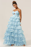 Lindo A Line Spaghetti Straps Cut out Tiered Blue Vestido de Madrinha