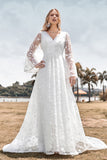 Beleza Uma Linha V Pescoço Marfim Renda Flare Mangas Vestido de Noiva