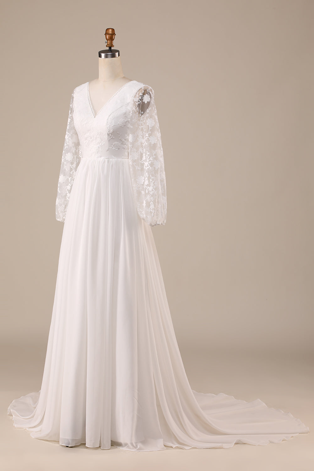 Marfim Chiffon varredura trem Boho vestido de noiva com renda