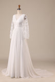 Marfim Chiffon varredura trem Boho vestido de noiva com renda