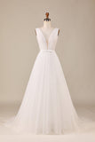 Elegante A Linha V Pescoço Marfim Destacável Watteau Train Tulle Vestido de Noiva