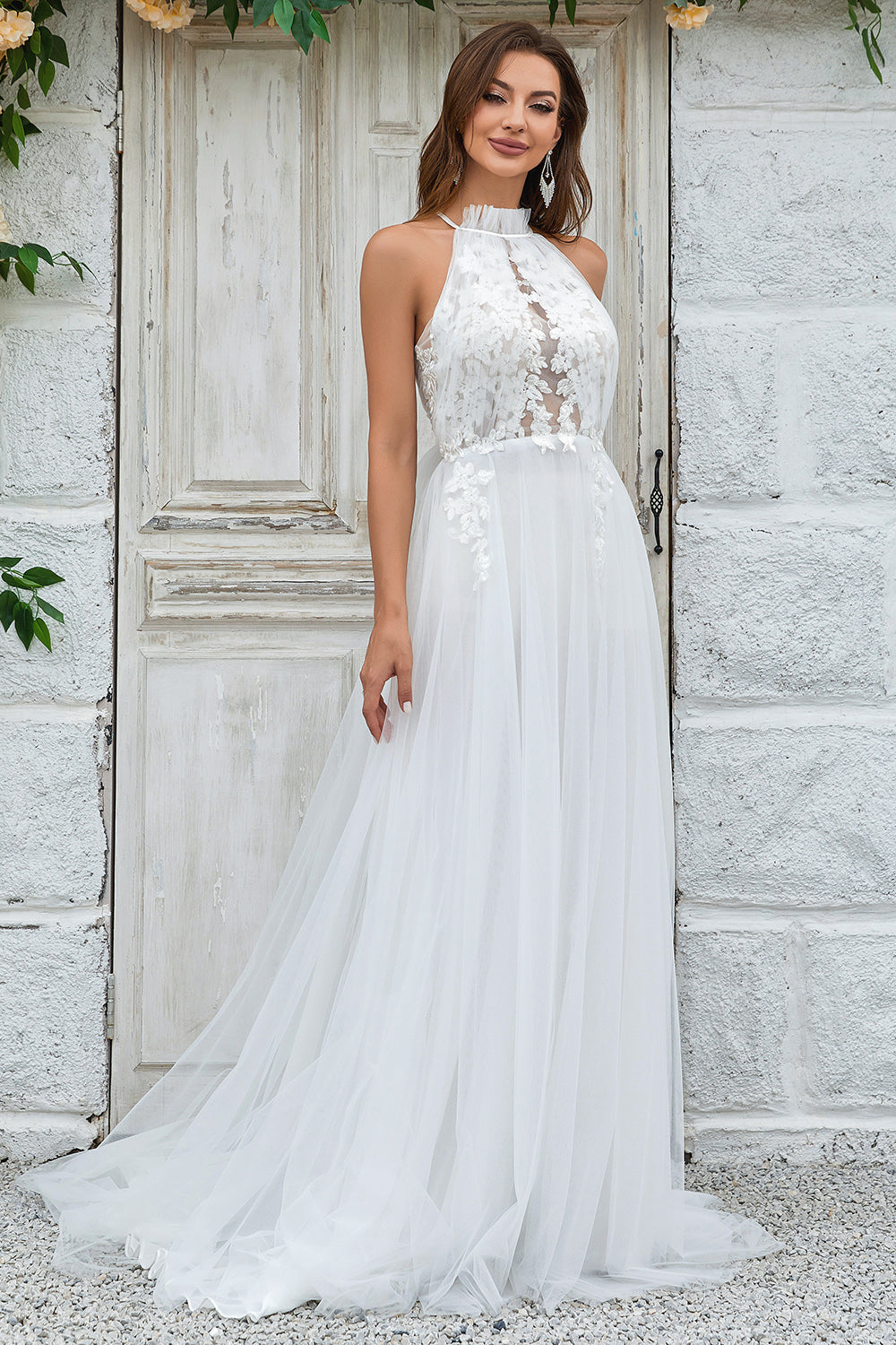 Marfim Open Back Tulle Sweep Train Vestido de Noiva com Renda
