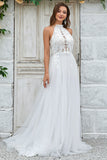 Marfim Open Back Tulle Sweep Train Vestido de Noiva com Renda