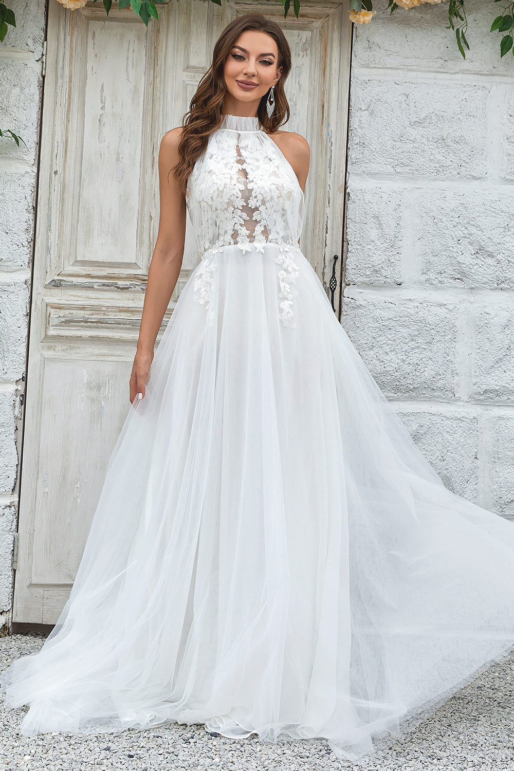 Marfim Open Back Tulle Sweep Train Vestido de Noiva com Renda