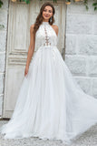 Marfim Open Back Tulle Sweep Train Vestido de Noiva com Renda