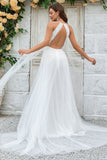 Marfim Open Back Tulle Sweep Train Vestido de Noiva com Renda