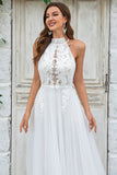 Marfim Open Back Tulle Sweep Train Vestido de Noiva com Renda