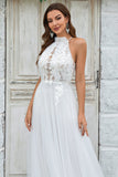 Marfim Open Back Tulle Sweep Train Vestido de Noiva com Renda