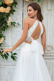 Marfim Open Back Tulle Sweep Train Vestido de Noiva com Renda