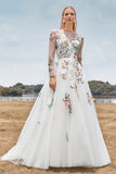Lindo uma linha de tule mangas longas longo vestido de noiva de marfim com bordado
