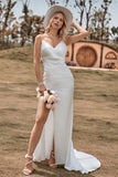 Marfim Boho cetim vestido de noiva sereia simples com fenda