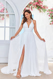 Marfim A-Line Halter varredura trem vestido de noiva com fenda