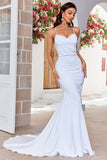 Sereia Lace-Up Back White Sweep Train Vestido de Noiva
