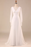 Marfim mangas compridas Boho Chiffon Open Back Vestido de Noiva