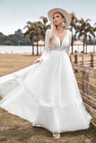Renda mangas compridas profundo V-neck Boho vestido de noiva com backless