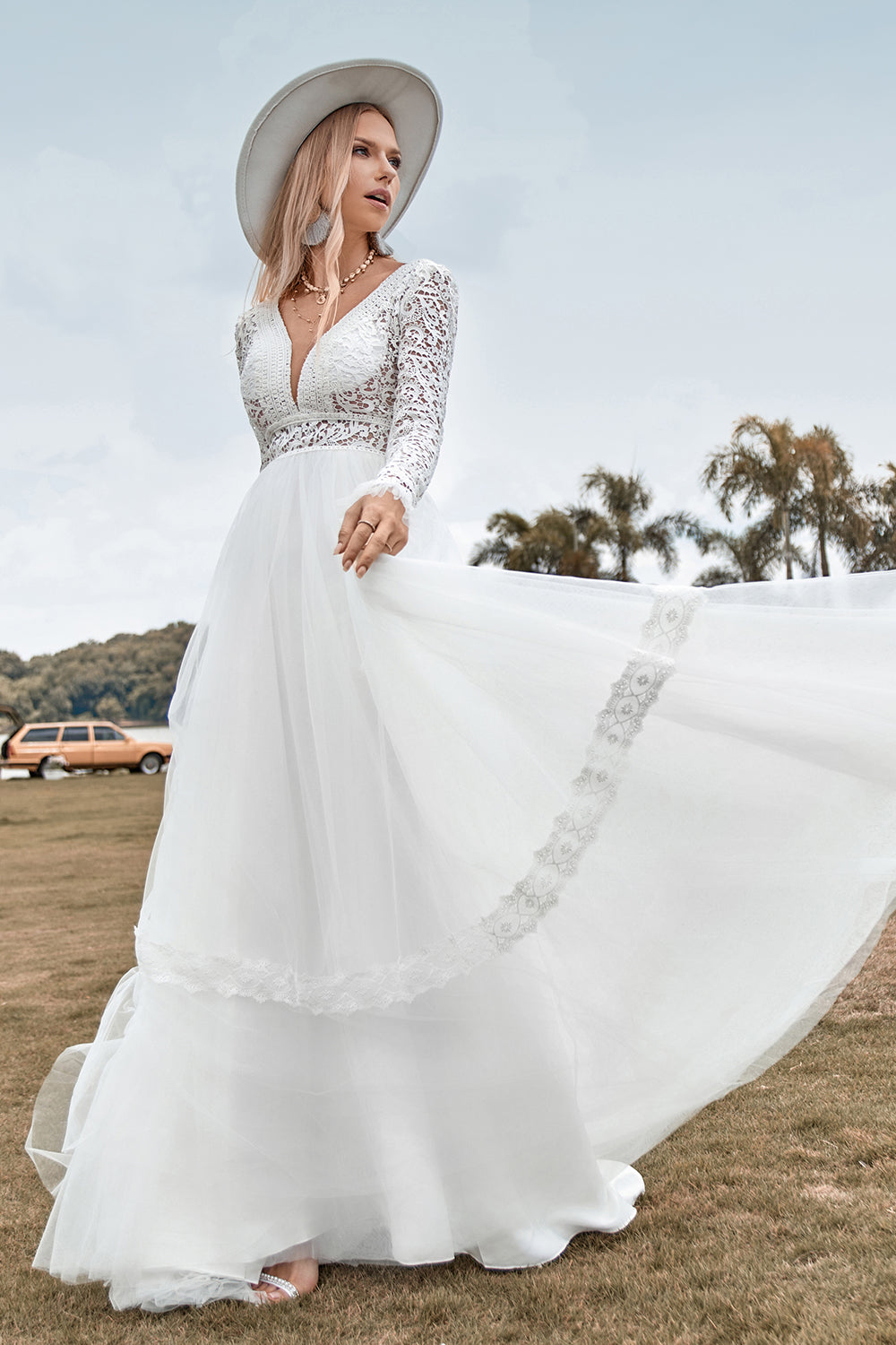 Renda mangas compridas profundo V-neck Boho vestido de noiva com backless