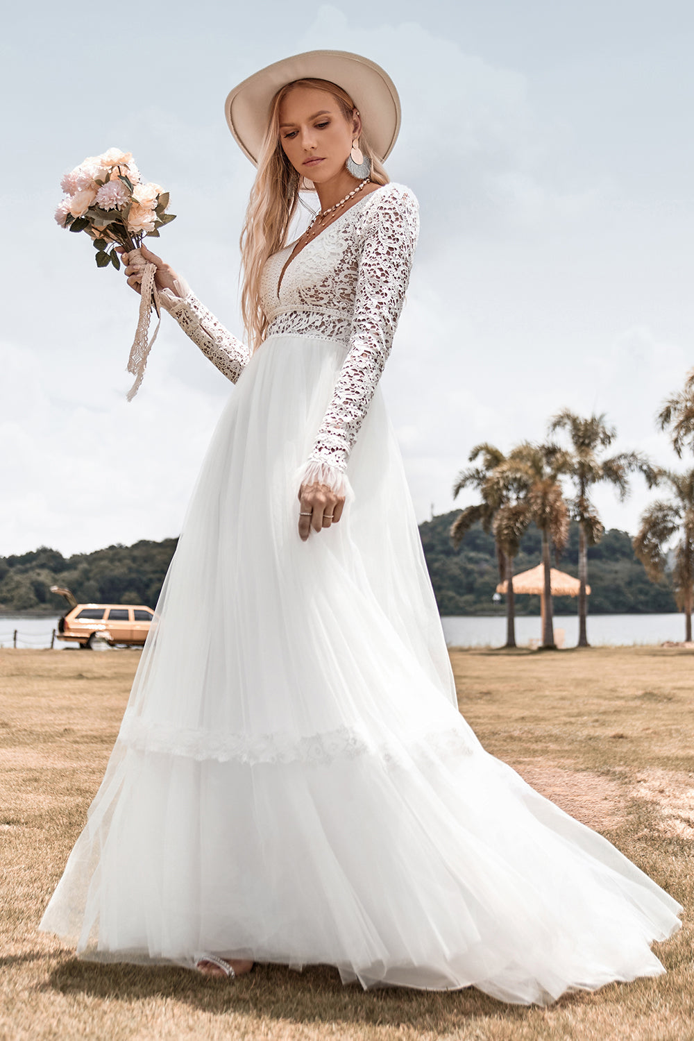 Renda mangas compridas profundo V-neck Boho vestido de noiva com backless