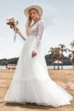 Renda mangas compridas profundo V-neck Boho vestido de noiva com backless