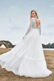 Renda mangas compridas profundo V-neck Boho vestido de noiva com backless