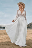 Mangas Longas Marfim Uma Linha Vestido de Noiva com Renda