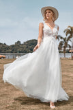 Sparkly Tule frisado marfim longo uma linha vestido de noiva