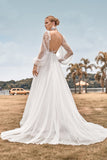 Mangas compridas Open Back Ivory Um vestido de noiva de linha com apliques