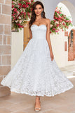 Ivory Strapless Corset Tea-Length Vestido de Noiva com Renda
