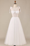 Marfim A-Line Tea-Length Tulle Corset Vestido de Noiva