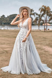 Uma linha de tule vestido de noiva de marfim com apliques