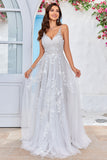 Tule Backless Marfim Long A Line Vestido de Noiva com Bordado