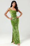 Epítome do romance Sereia Um Ombro Olive Velvet Vestido Madrinha