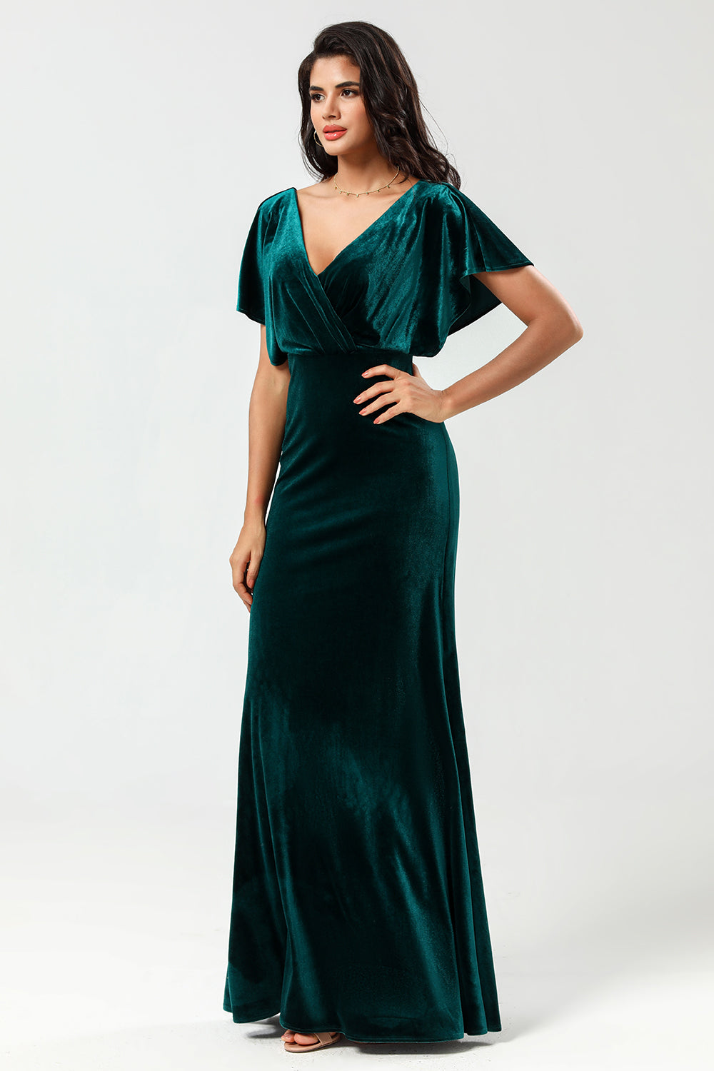 Confiantemente Carismático Uma Linha V-Neck Peacock Velvet Vestido Madrinha com Folhos